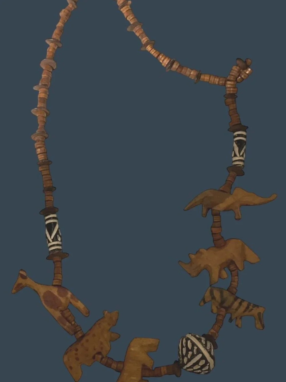 Vintage Wood Carved Animal Necklace Safari Themed Handmade 28” Disc Beads